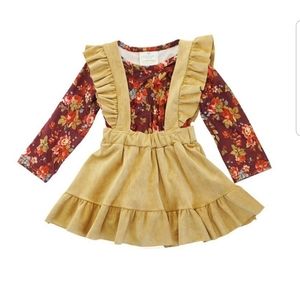 Toddler red floral top with mustard suspender